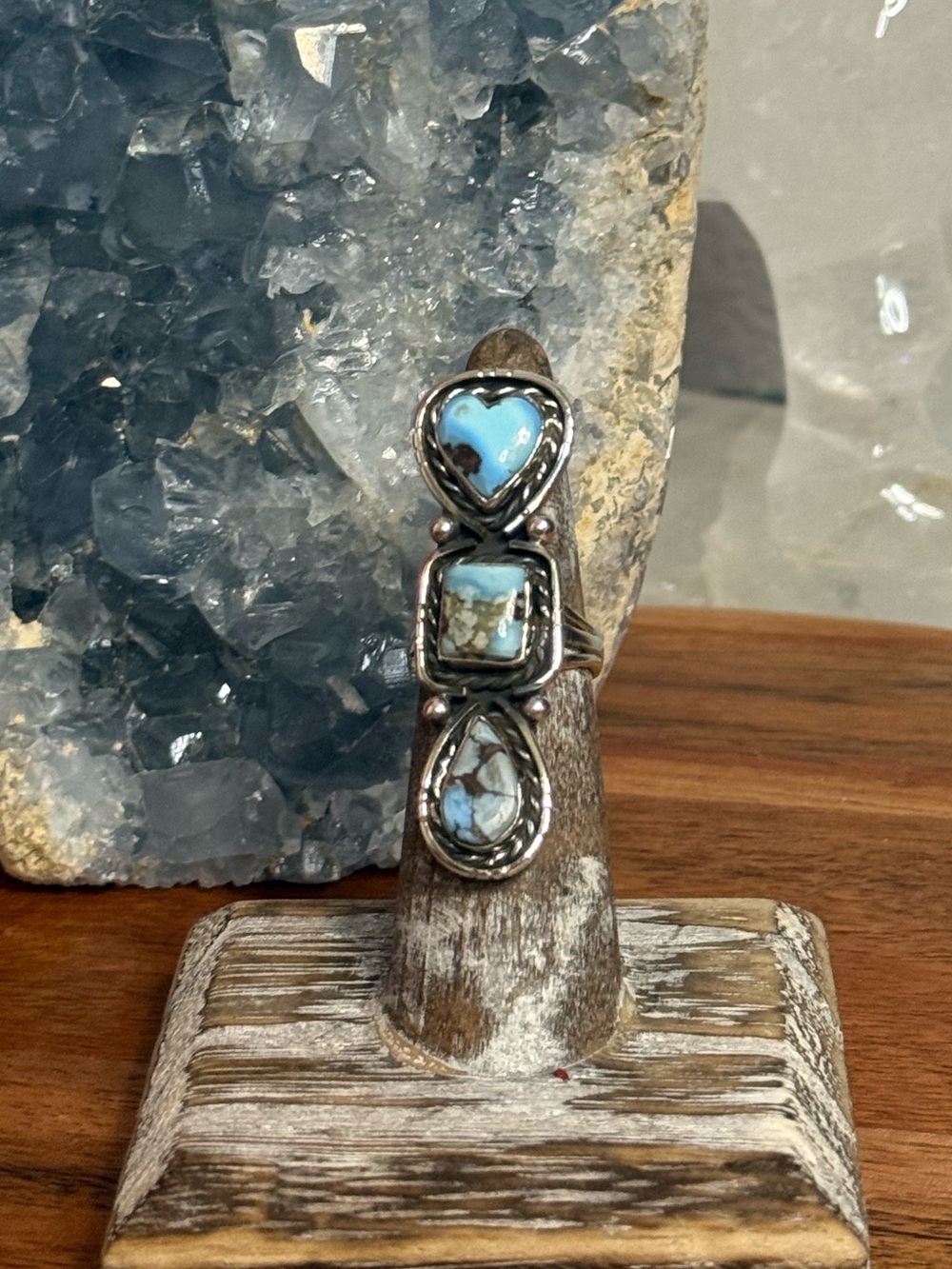 Golden Hills Turquoise Silver Triple-Stone Southwest Style Ring  5.5